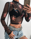 Long Sleeved Cupid Printed T-Shirt For Women Autumn High Neck Mesh Exposed Navel Street Top S-L