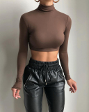 Women's Long Sleeved High Neck Solid Color Short Style Exposed Navel Sexy Slim Fashion T-Shirt S-L