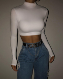 Women's Long Sleeved High Neck Solid Color Short Style Exposed Navel Sexy Slim Fashion T-Shirt S-L