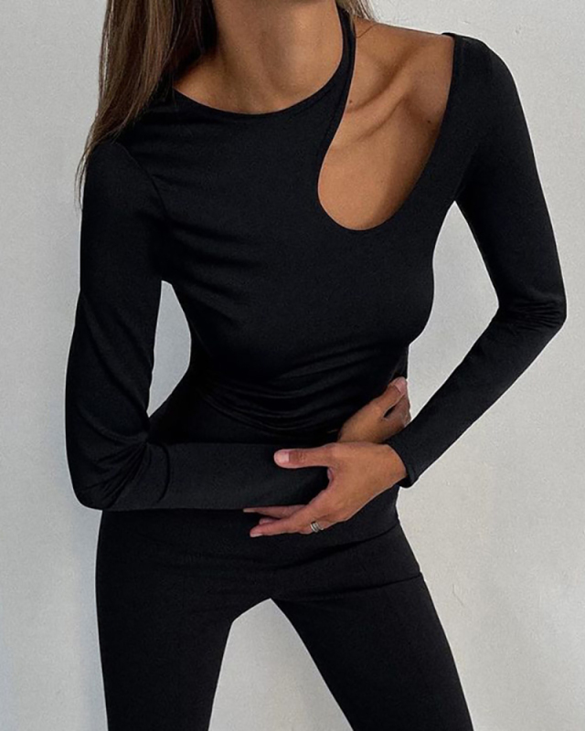 Irregular Hollowed Out Long Sleeved T-Shirt For Women Top S-L