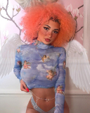 Long Sleeved Cupid Printed T-Shirt For Women Autumn High Neck Mesh Exposed Navel Street Top S-L