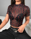 Hot Selling Love Mesh Sexy  Cute Cropped Short Top For Women S-L