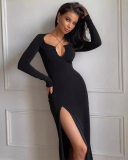 Long Sleeved Sexy Hollow Out Low Cut Slim Slit Dress S-L