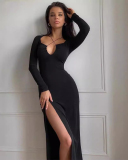 Long Sleeved Sexy Hollow Out Low Cut Slim Slit Dress S-L