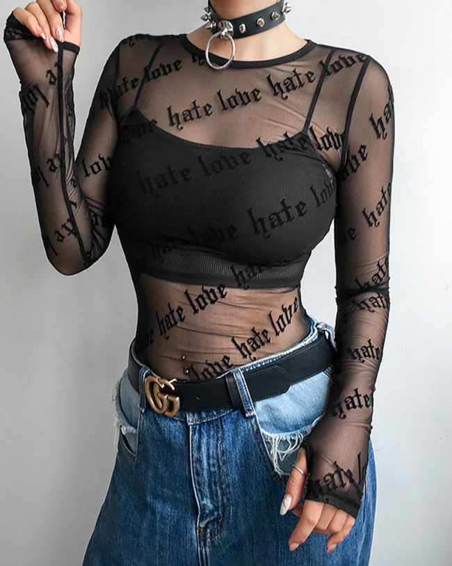 Letter Personality Print Perspective Sexy Mesh Long Sleeved T-Shirt Top S-L