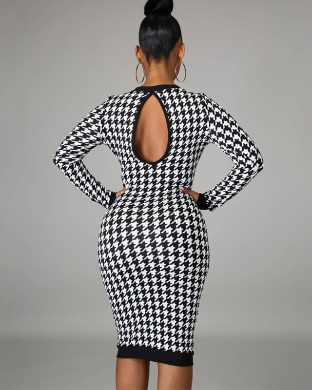 Long Sleeved Round Neck Back Hollow Print Slim Fit Dress S-L