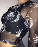 Hot Women's Star Moon Printed Mesh Transparent T-Shirt Short Top S-L