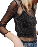 Sexy Mesh T-Shirt Women's Long Sleeved Shiny Silk Shirt Top S-L