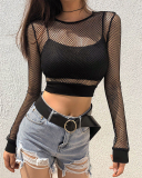 Summer Women's Solid Color Sexy Hollow Mesh Base T-Shirt S-L