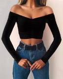 Women's Long Sleeved One Shoulder Slim Fit Cropped Short T-Shirt  S-L