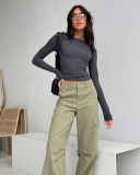 Round Neck Solid Color Slim Fit Long Sleeved Shirt S-L