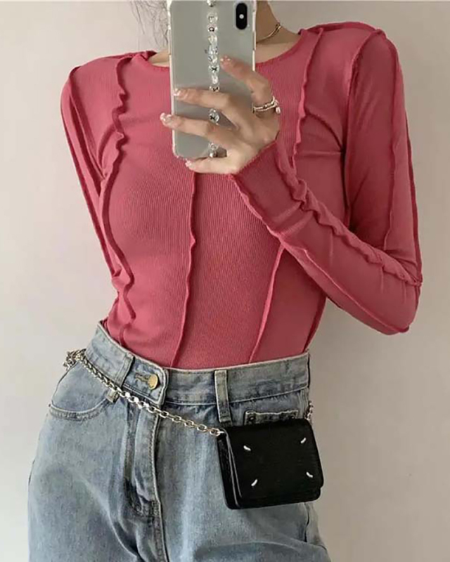 Solid Color Long Sleeve Base T-Shirt Versatile  Slimming  S-XL