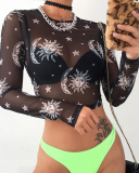 Hot Women's Star Moon Printed Mesh Transparent T-Shirt Short Top S-L