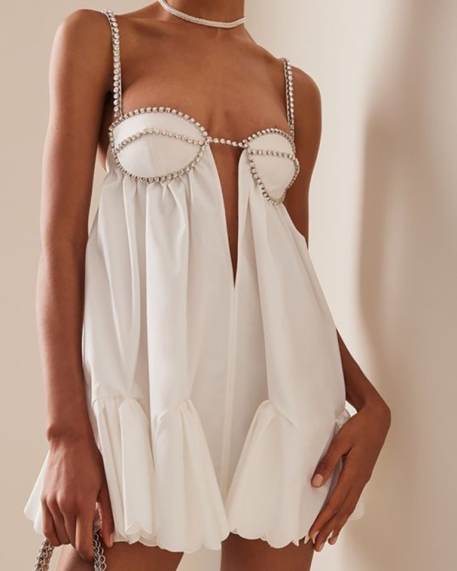 Women Pleated Camisole Women's Summer Short Semi Transparent Lace Up Diamond Studded Dress