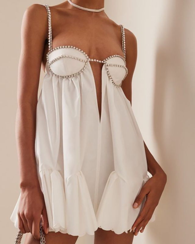 Women Pleated Camisole Women's Summer Short Semi Transparent Lace Up Diamond Studded Dress