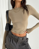 Round Neck Solid Color Slim Fit Long Sleeved Shirt S-L