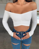 Women's Long Sleeved One Shoulder Slim Fit Cropped Short T-Shirt  S-L