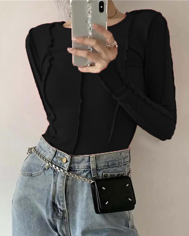 Solid Color Long Sleeve Base T-Shirt Versatile  Slimming  S-XL