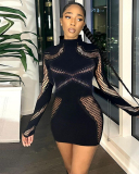 Long Sleeve Black Fishnet Wholesale Dress One size
