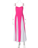 New Sexy Women Colorblock Elegand Sling Maxi Dress Rose Green Black S-L
