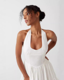 Women Sleevelss Sweet Stripe Halter V Neck Mini Dress Red White S-XL