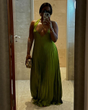 Sweety Halter Deep V Neck Backless Ruched Big Hems Maxi Vacation Dress Green S-2XL