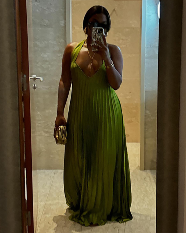 Sweety Halter Deep V Neck Backless Ruched Big Hems Maxi Vacation Dress Green S-2XL