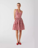 Women Sleevelss Sweet Stripe Halter V Neck Mini Dress Red White S-XL