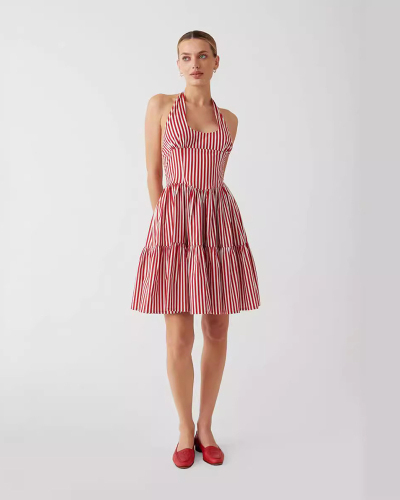 Women Sleevelss Sweet Stripe Halter V Neck Mini Dress Red White S-XL