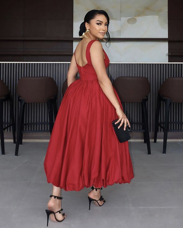 Women Sleeveless Elegant High Waist Slim Big Hem Maxi Dress Red S-2XL