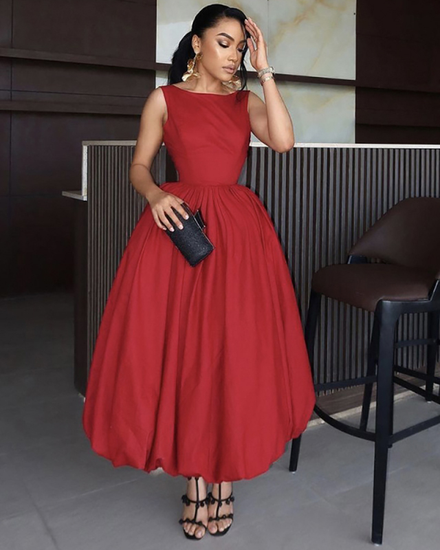 Women Sleeveless Elegant High Waist Slim Big Hem Maxi Dress Red S-2XL