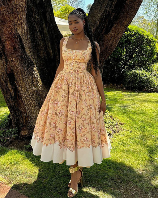 Women Sweety Florals Sleeveless Square Neck Maxi Skater Dress Yellow XS-2XL