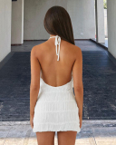Open Back White Sleeveless Sexy Short Summer Dress S-L