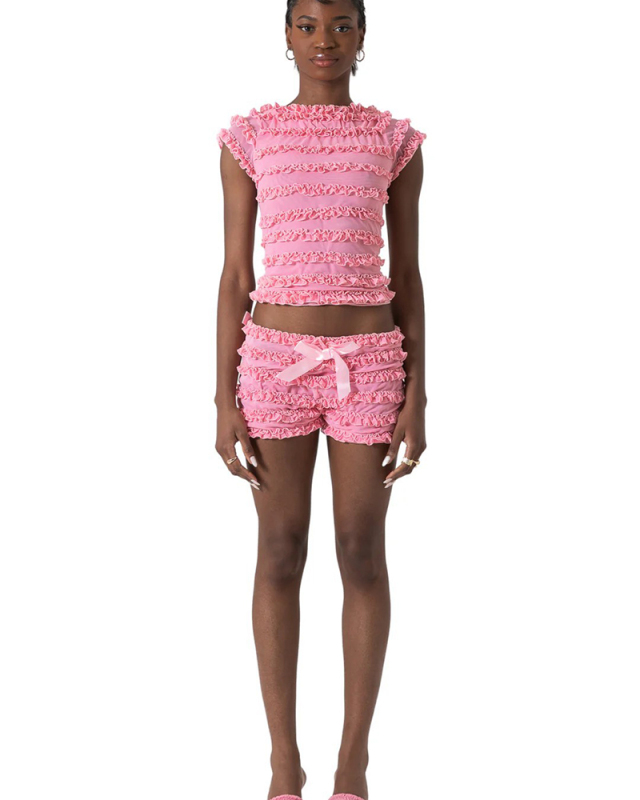 Lovely Y2K Style Open Back Tie Up T Shirt With Short Two Piece Short Set S-XL