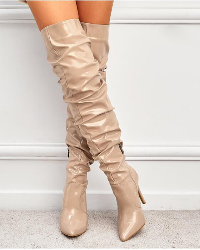 New Thigh High Boots Fashion Patent Leather Pointed Toe Zip Female Stiletto Heels 35-42