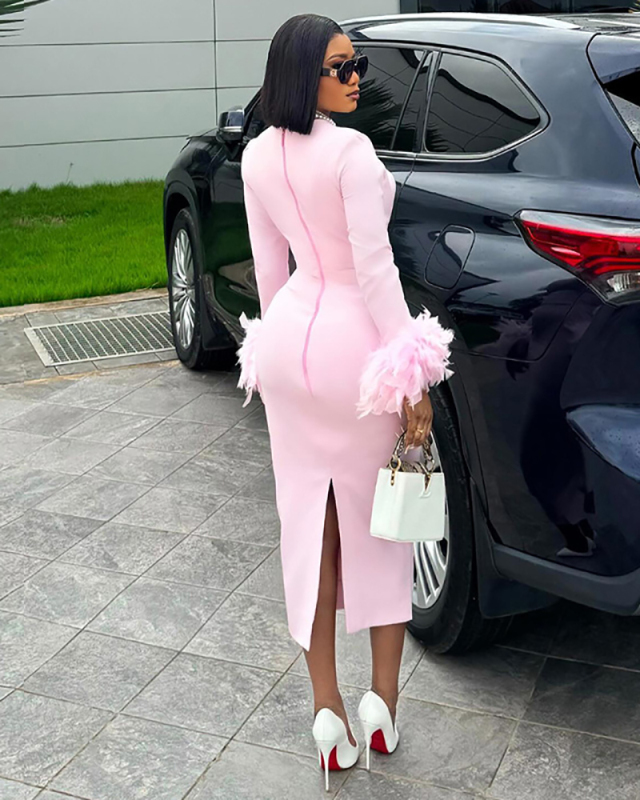 Long Sleeve Pink Women Wholesale Midi Dress S-XXL