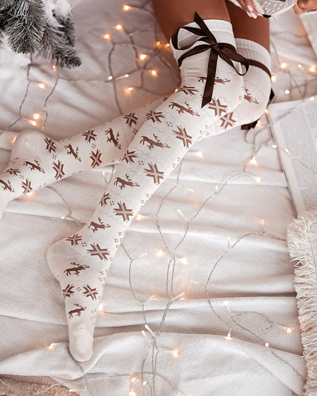 Christmas Multicolored Tied Rope Bow Casual Sweet Warm Long Socks Over The Knee Socks One Size