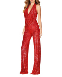 Women Deep V Halter Neck Fashion Model High Waist Christmas Jumpsuit S-3XL