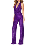 Women Deep V Halter Neck Fashion Model High Waist Christmas Jumpsuit S-3XL