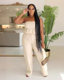 Sleeveless Loose Trendy Women Pocket Pants Sets Club Wear Two Piece Sets White Apricot Green S-2XL