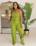 Sleeveless Loose Trendy Women Pocket Pants Sets Club Wear Two Piece Sets White Apricot Green S-2XL