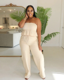 Sleeveless Loose Trendy Women Pocket Pants Sets Club Wear Two Piece Sets White Apricot Green S-2XL