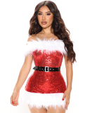 Women Strapless Plush High Waist Sexy Mini Christmas Dress Red S-XL