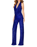 Women Deep V Halter Neck Fashion Model High Waist Christmas Jumpsuit S-3XL