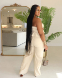 Sleeveless Loose Trendy Women Pocket Pants Sets Club Wear Two Piece Sets White Apricot Green S-2XL