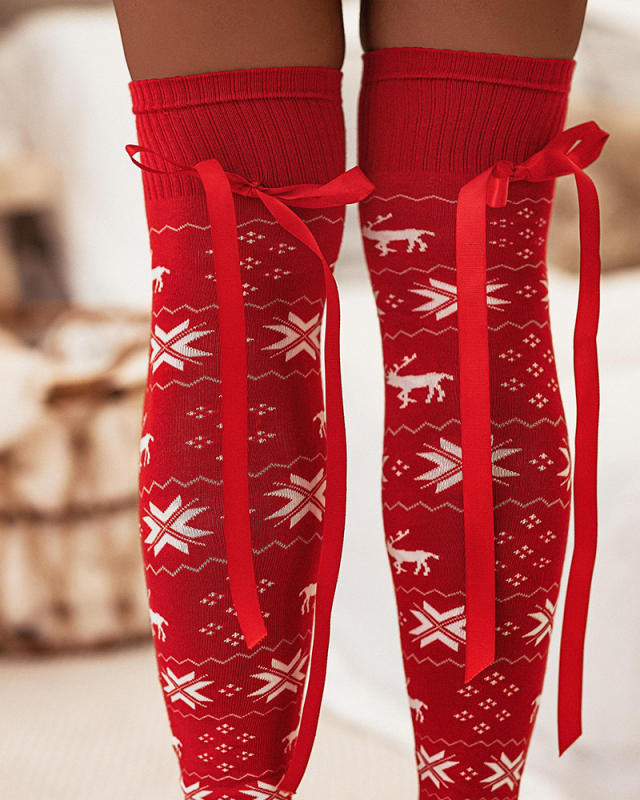 Christmas Multicolored Tied Rope Bow Casual Sweet Warm Long Socks Over The Knee Socks One Size