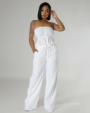 Sleeveless Loose Trendy Women Pocket Pants Sets Club Wear Two Piece Sets White Apricot Green S-2XL