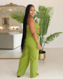 Sleeveless Loose Trendy Women Pocket Pants Sets Club Wear Two Piece Sets White Apricot Green S-2XL