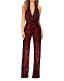 Women Deep V Halter Neck Fashion Model High Waist Christmas Jumpsuit S-3XL