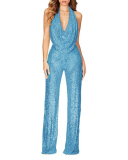Women Deep V Halter Neck Fashion Model High Waist Christmas Jumpsuit S-3XL